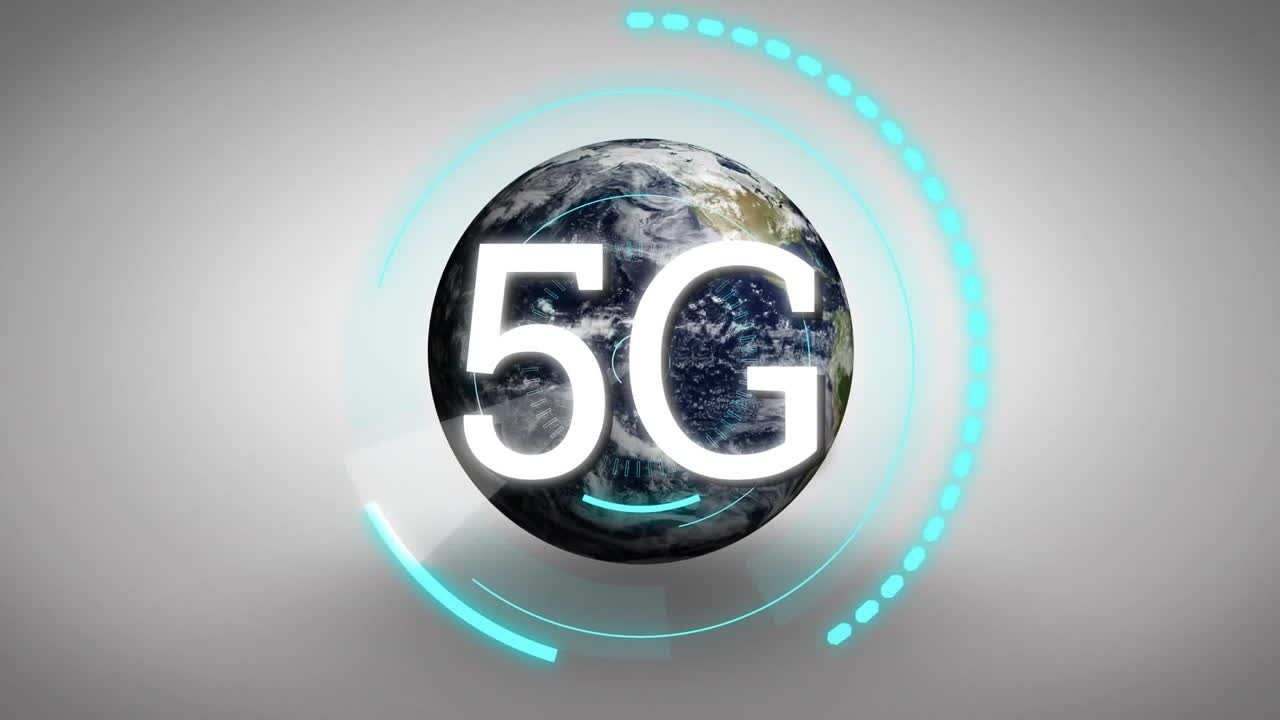 animazione di radar, testo 5g e globo nel cerchio di carico su sfondo astratto