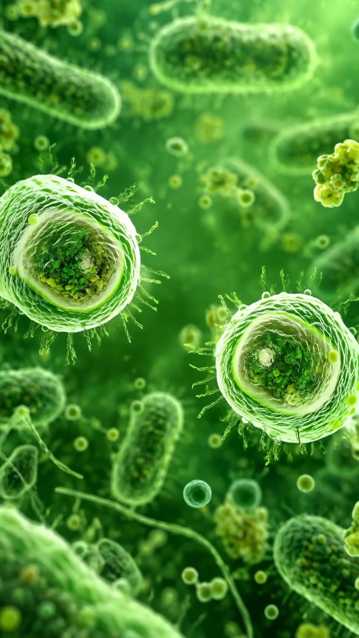 Una vista ravvicinata mostra una cellula batterica collegata che si separa in due forme distinte, mentre microbi a forma di bastoncello e piccole particelle fluttuano attraverso una profondità verde delicatamente sfocata.