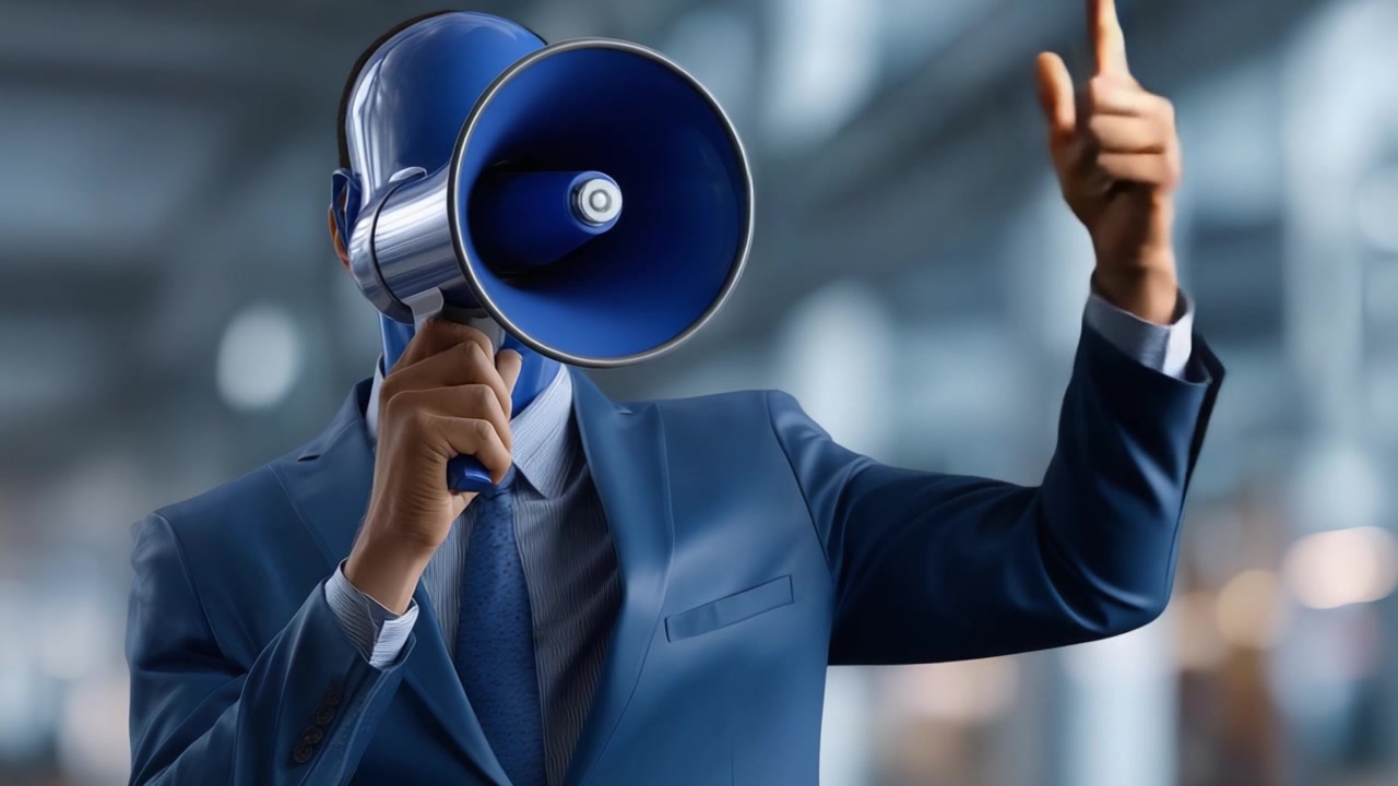 A confident figure in a blue suit holding a blue megaphone, engaging an audience with enthusiasm and authority in a modern, well-lit environment
