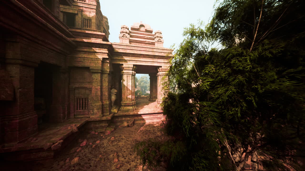 Ancient sandstone archway concealed within dense jungle foliage