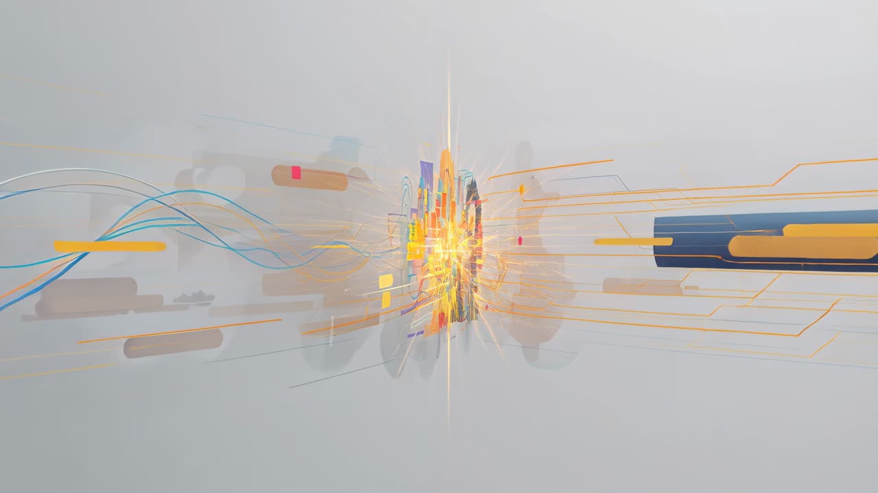 Animating geometric shapes in studio condensing into core flare and rushing through navy cylinders