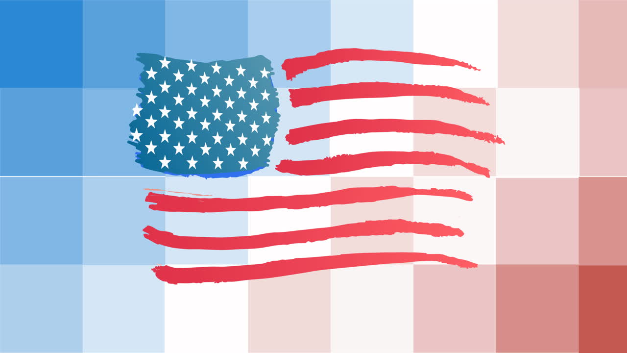 Animazione della bandiera americana su pixel rossi, bianchi e blu.