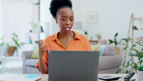 Laptop,-wave-and-black-woman-on-video-call-in-home