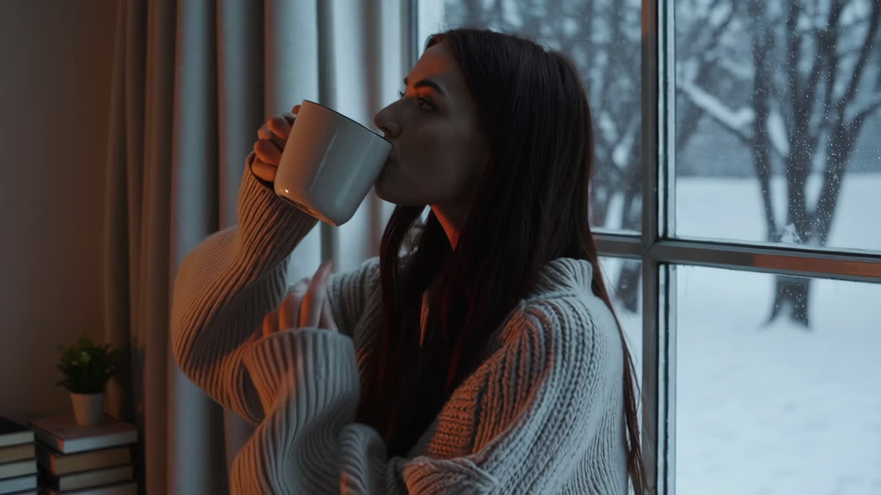 Woman enjoying a hot drink by the window in winter