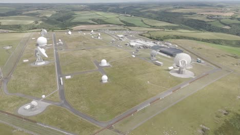 Vista-Aérea-Con-Dron-De-La-Estación-Repetidora-Y-Puesto-De-Escucha-Del-GCHQ-Y-La-NSA-En-Bude,-Cornwall,-Reino-Unido,-Que-Muestra-Numerosas-Antenas-Parabólicas-E-Instalaciones-Seguras