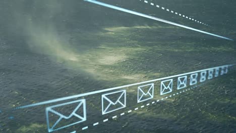 animación de texto de la red social y iconos de correo en el cielo