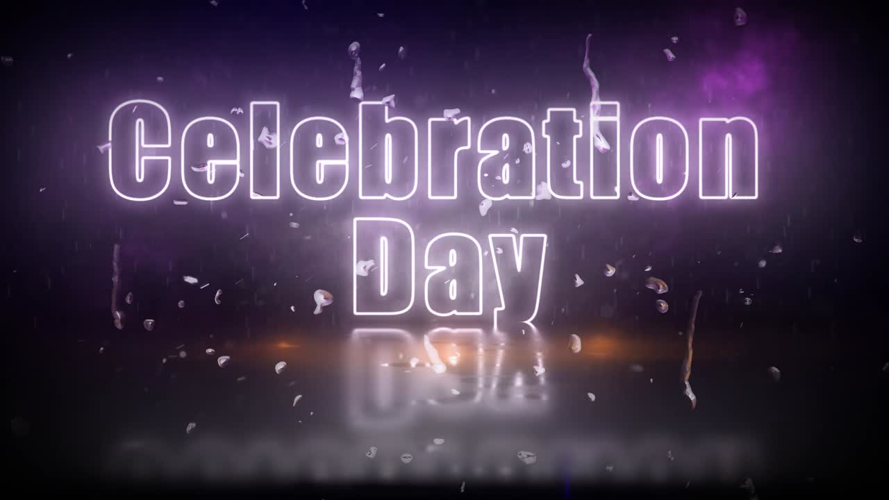 Papan nama lampu neon "Celebration Day" terlihat di balik badai dengan lampu yang berkedip-kedip.