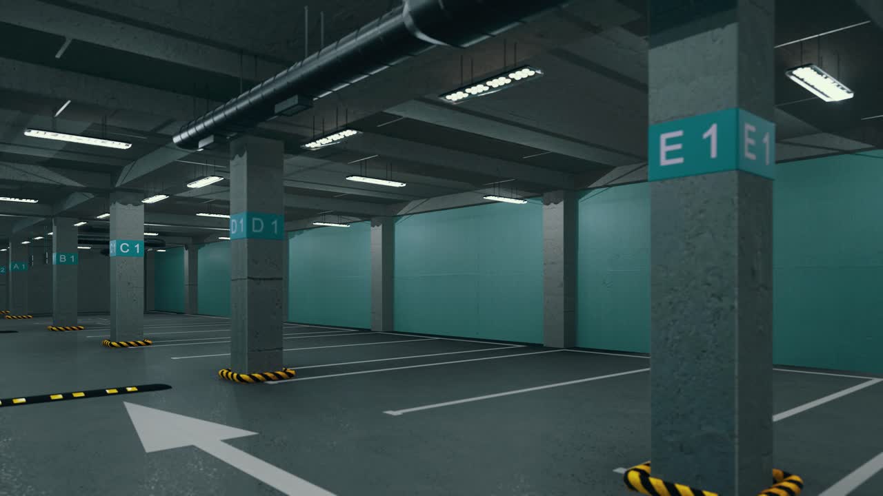 Underground parking without cars. Modern underground parking. Indoor full modern parking. Underground Parking Garage Scene
