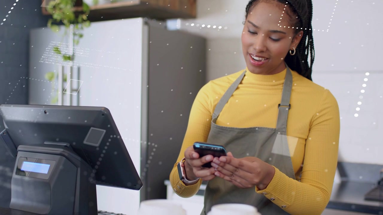 Cafe server checking phone after customer request, presenting phone with animated receipt on POS