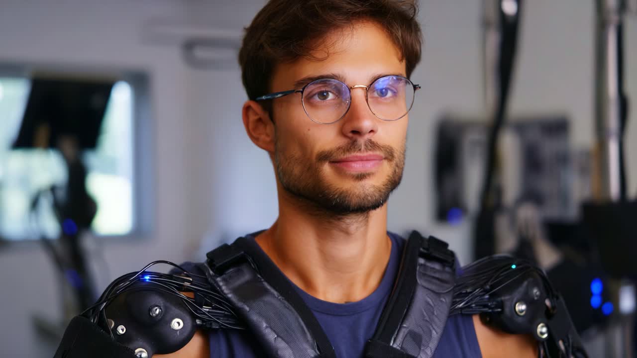A confident young man wearing advanced motion capture technology showcases innovative robotics in a dynamic environment, highlighting the future of human-computer interaction