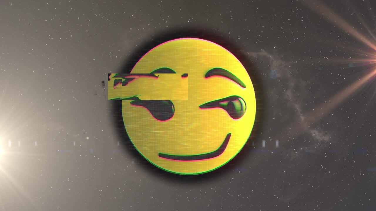 추상적인 배경에 대한 렌즈 플레어에 대한 이모지에 대한 글리치 기법의 애니메이션