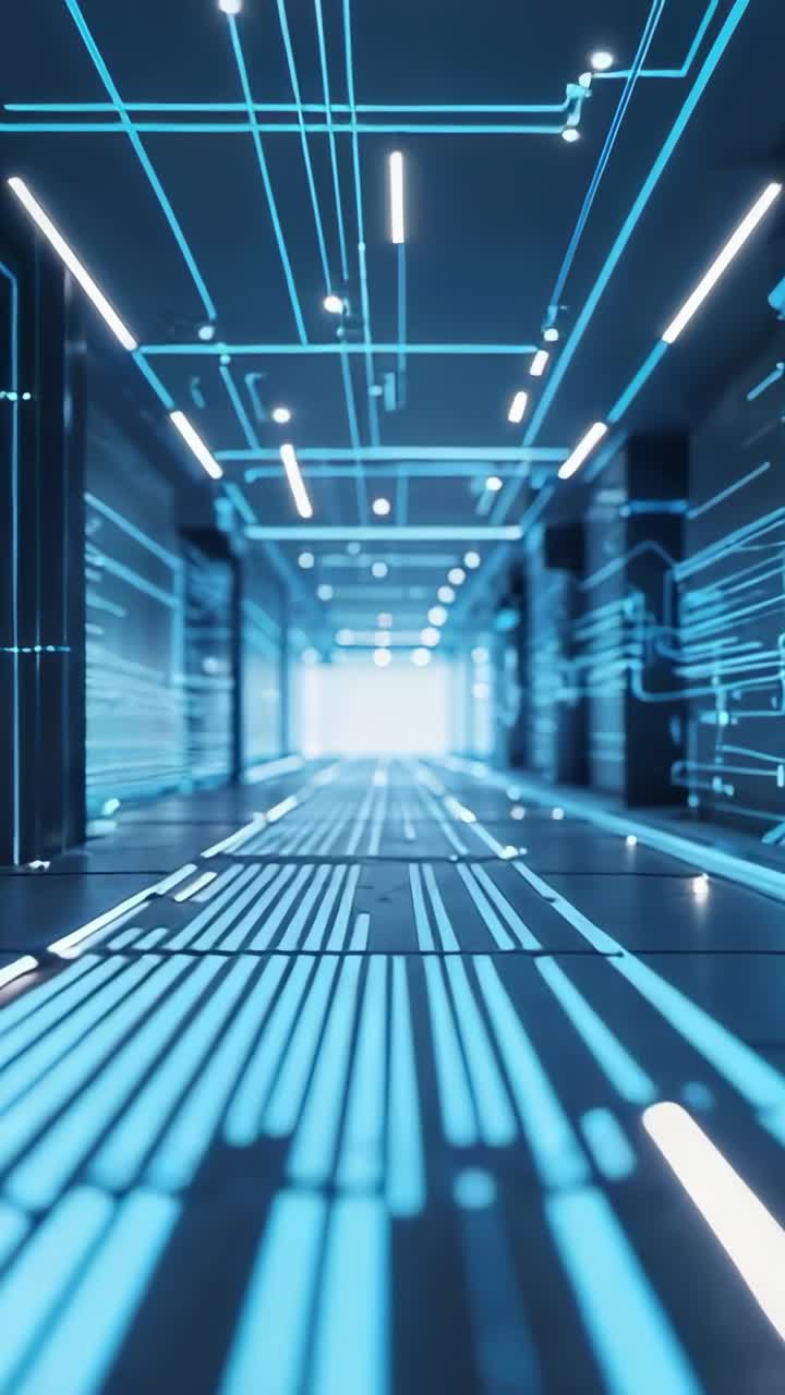 Vertical video: Moving camera gliding through data tunnel, with pulsing neon-blue light strips
