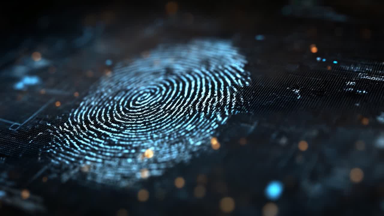 A Captivating Visualization of a Fingerprint Against a Dark Digital Background, Highlighting Unique Patterns and Cyberspace Elements in Modern Identification Techniques
