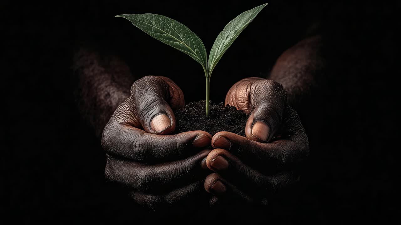 Nurturing Life: A Close-Up of Hands Holding a Young Plant, Symbolizing Growth, Hope, and Environmental Conservation in an Emotive Dark Background