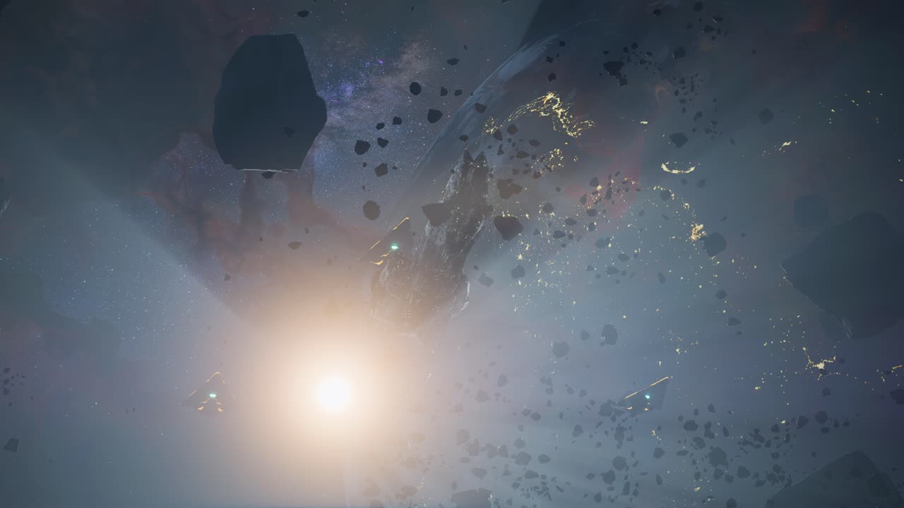 Massive Spaceship Among Asteroids In Deep Space