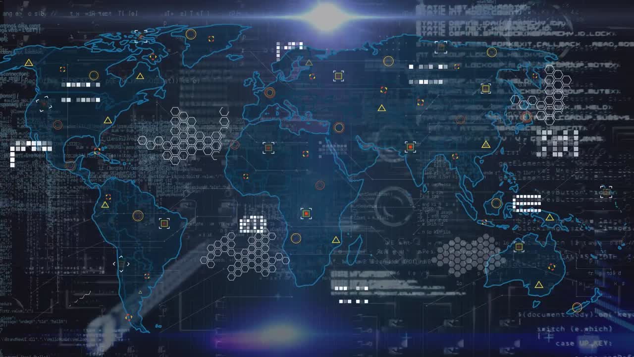 검은색 배경에 데이터 처리를 통해 세계 지도의 애니메이션