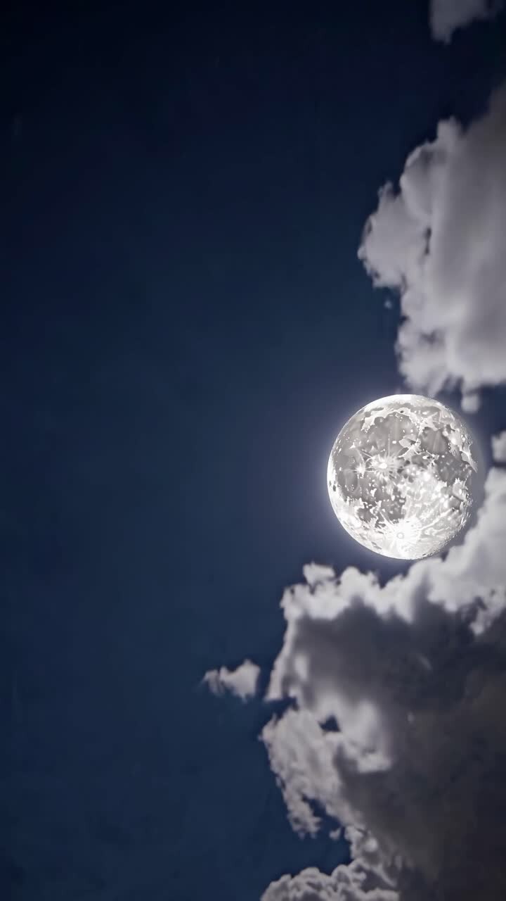 Uma imagem de vídeo mostrando uma vista em ângulo baixo de uma lua cheia brilhante parcialmente obscurecida por nuvens.