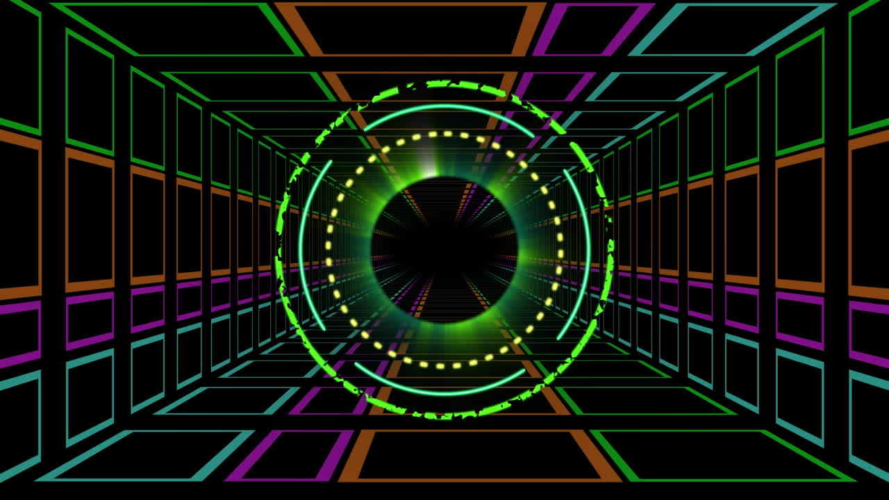 animación de círculos de neón sobre el espacio digital con luces