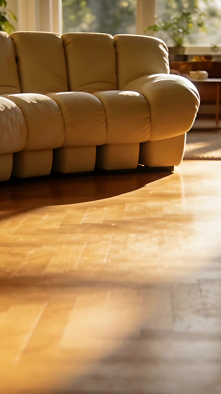 Video verticale: Telecamera che si inclina dal basso rivelando un divano color crema in casa, mostrando il pavimento in parquet, piante