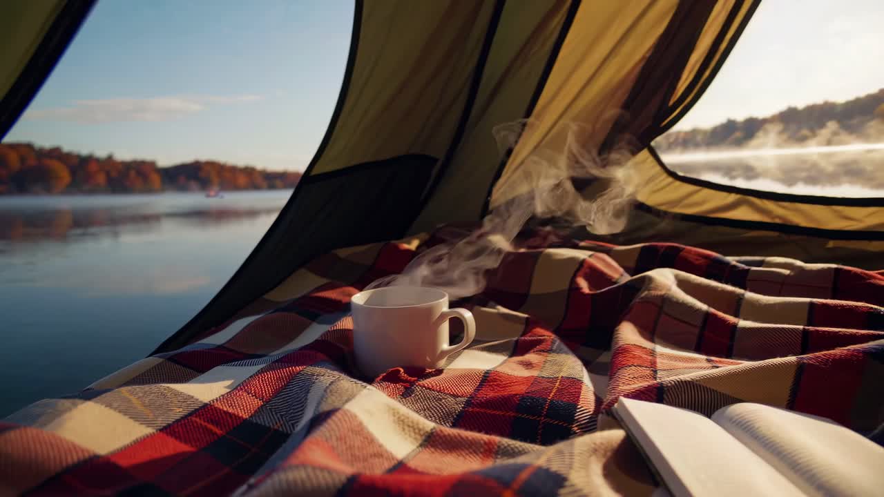 Cozy camping scene from inside a tent, overlooking a serene lake at sunrise