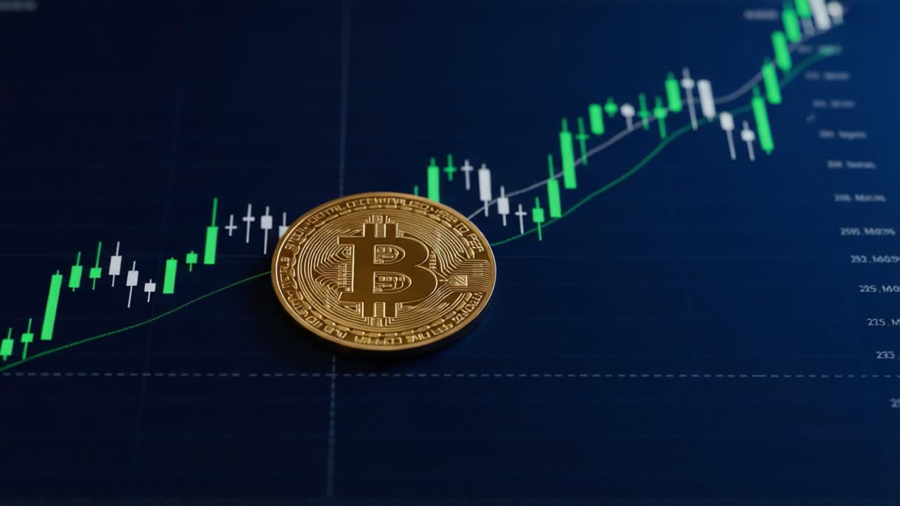 Visual Representation of Cryptocurrency Market Trends with Bitcoin Coin Overlaid on Financial Graph Indicating Price Movements and Trading Activity