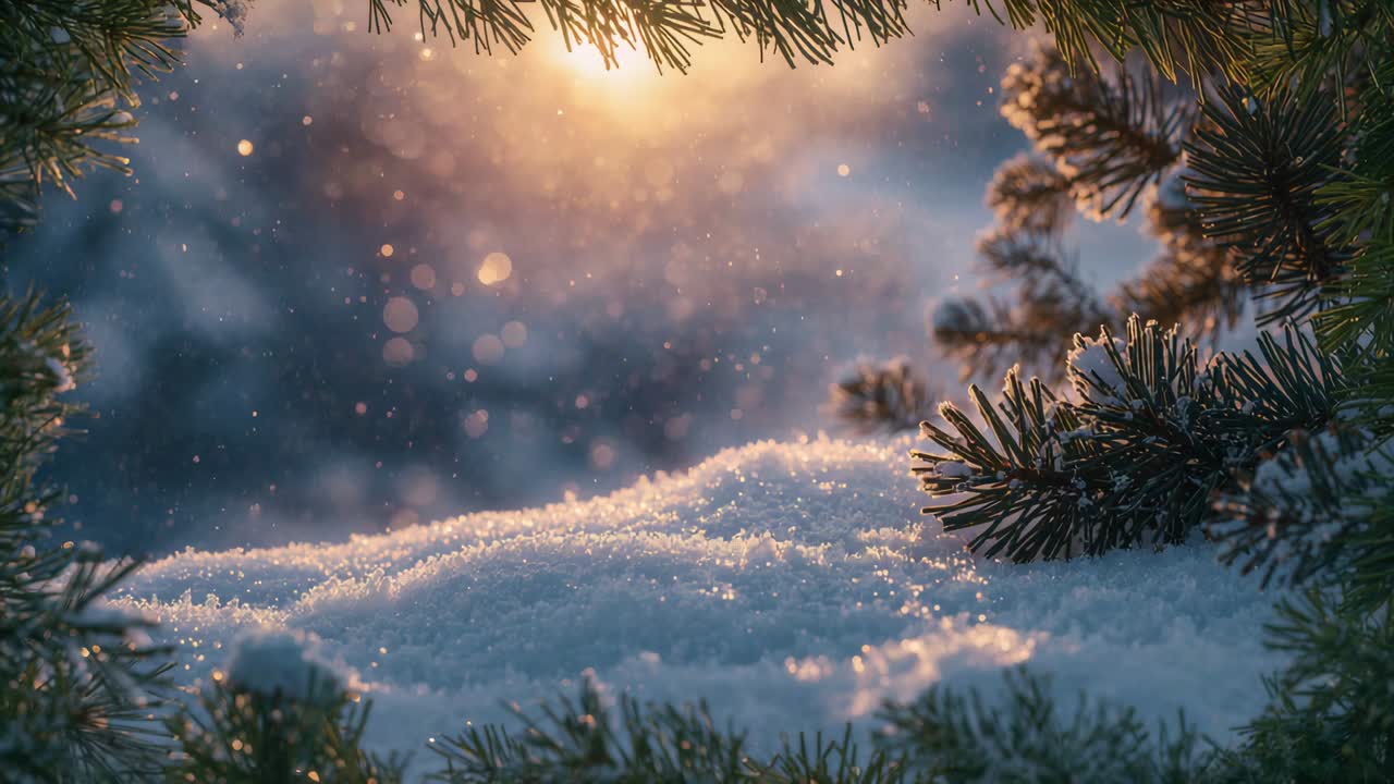 Sparkling foreground snow catching low sun glow at forest edge, falling flakes and pine branches