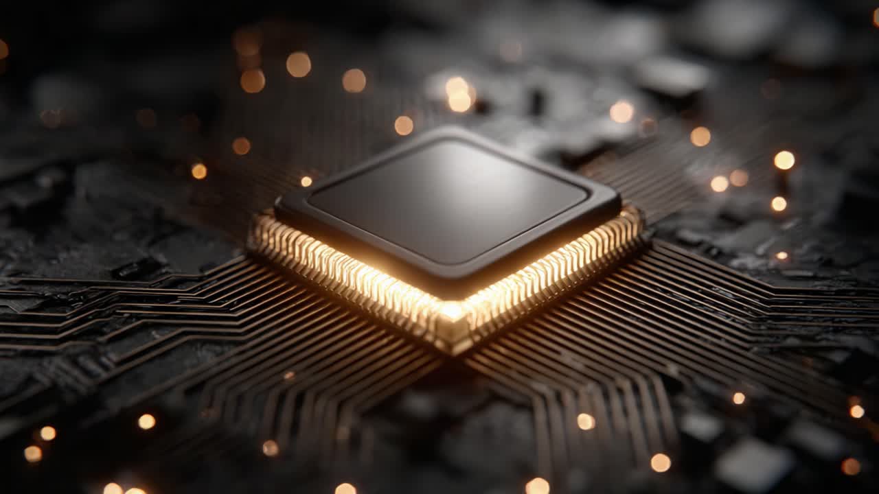 Et detaljeret nærbillede af en mikroprocessor med oplyste forbindelser på et printkort, der fremhæver avanceret computerteknologi og designelementer.