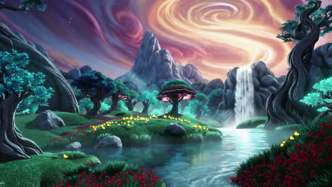 vibrant fantasy landscape with waterfall and mystical trees