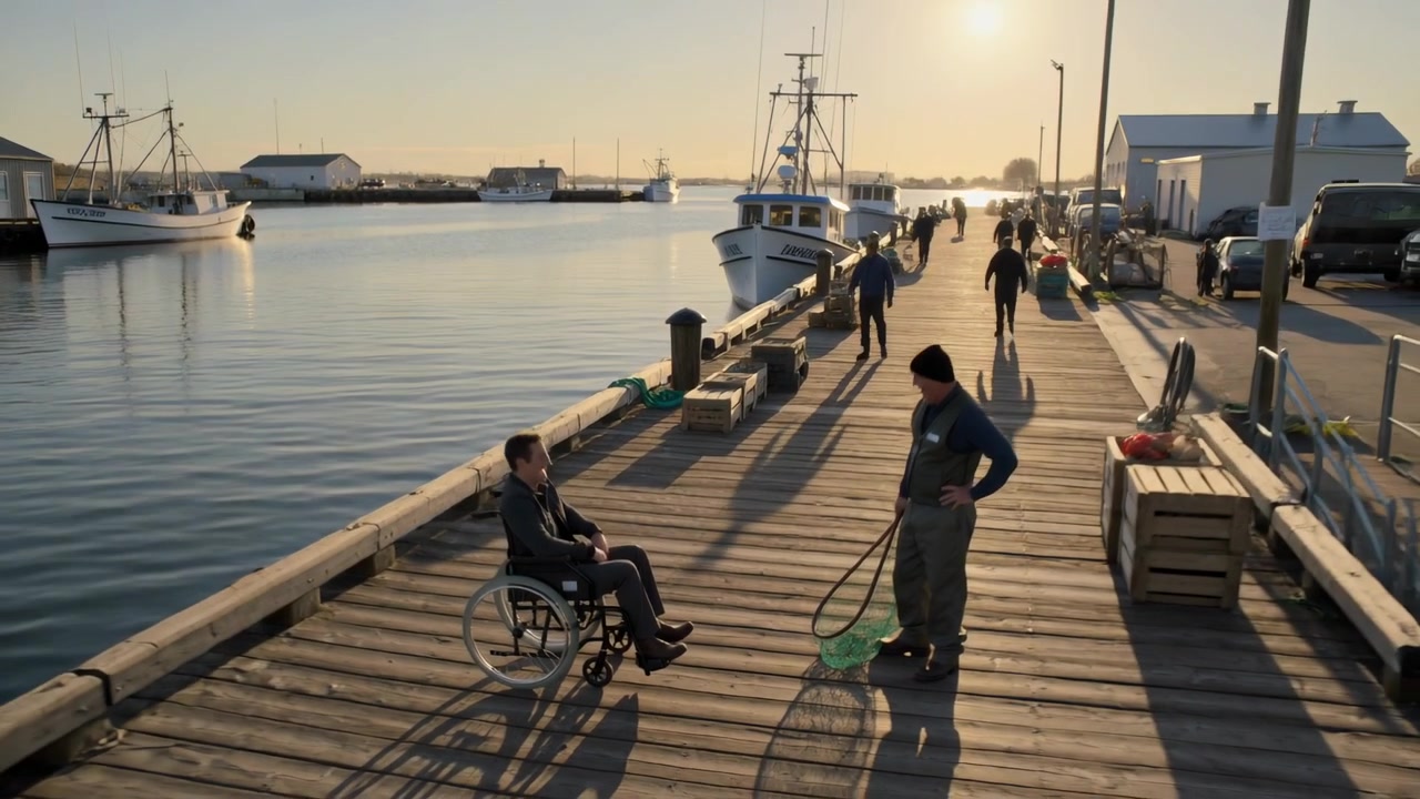 Pulling back camera wheelchair user discussing catch with fisherman in waders holding net on pier