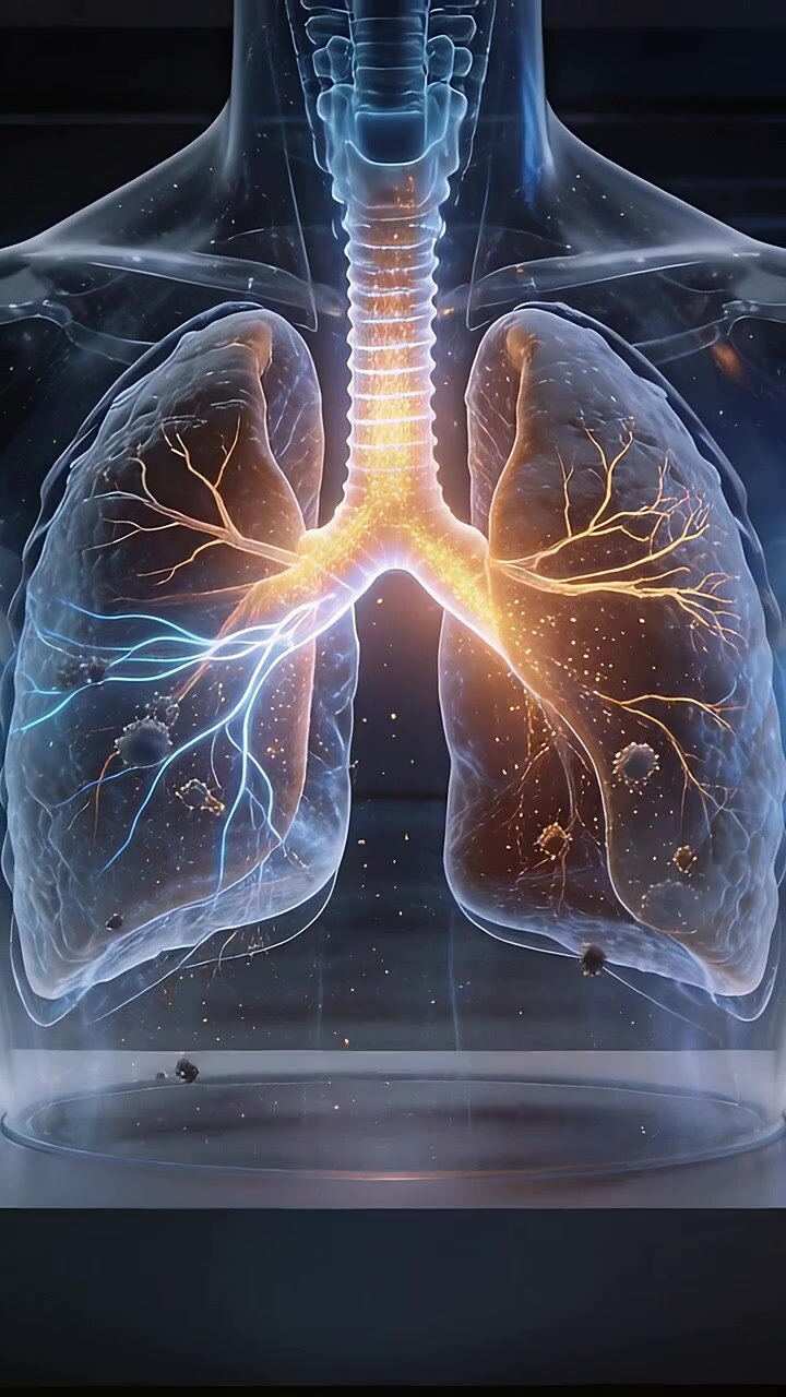 Vertical video: Glowing trachea sparking warm light into primary bronchi in studio showing airways
