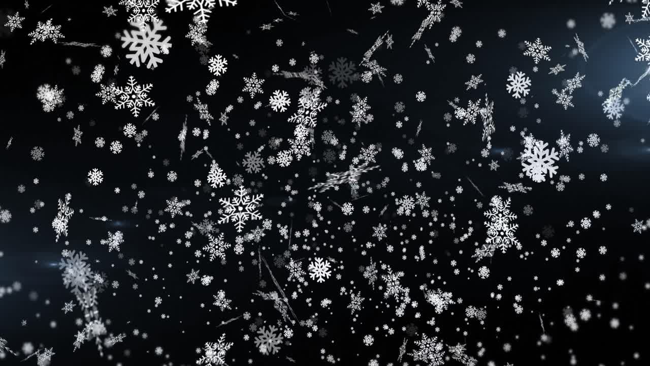 animación de copos de nieve y luces sobre fondo negro