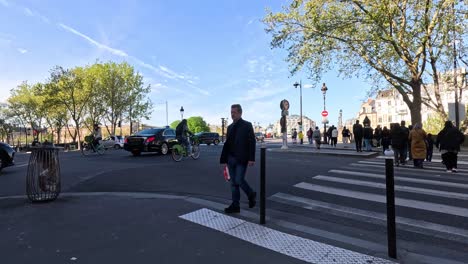 pedestrians crossing a street in paris, france