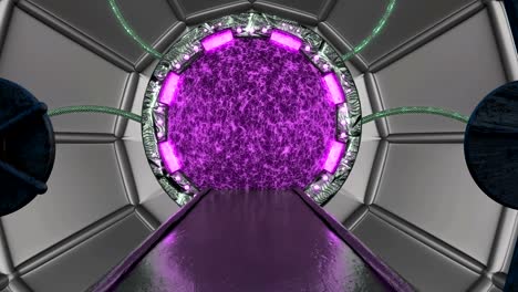la escotilla oxidada de hierro abre una vista panorámica a la escena del paisaje de la nave espacial. fondo abstracto 3d de corredor de ciencia ficción con portal. tecnología futurista abstracto vj para títulos tecnológicos y fondo.