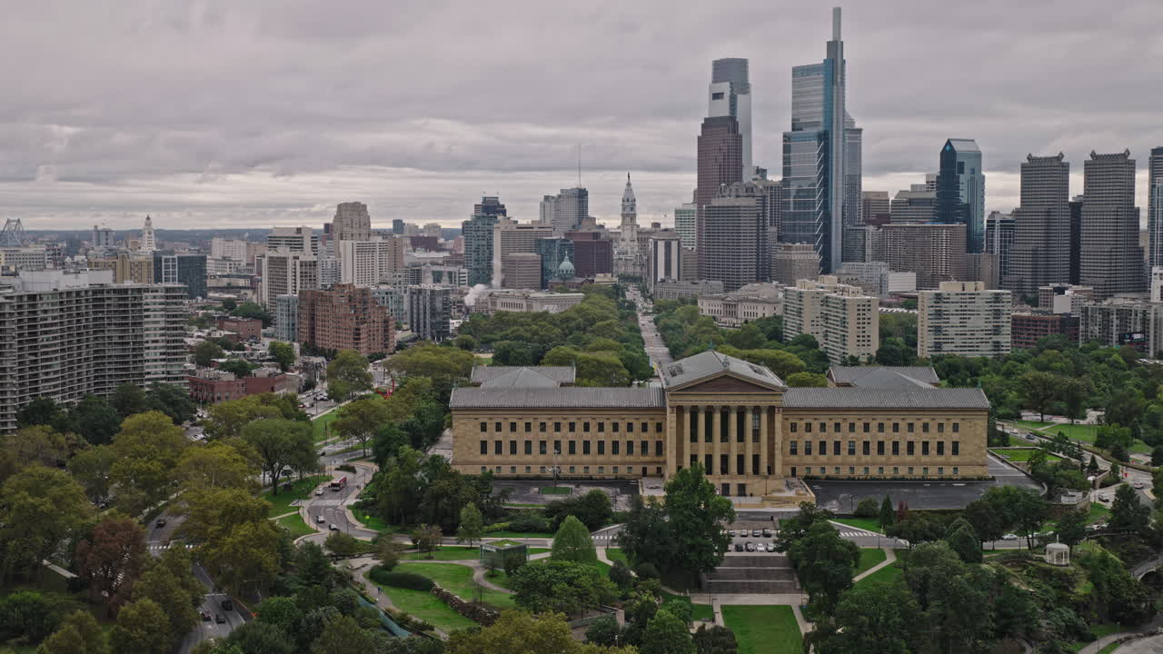 Philadelphia Pennsylvania Aerial v151 low flyover Fairmount capturing landmark Art Museum and views of Benjamin Franklin Pkwy leading to downtown cityscape - Shot with Inspire 3 8k - Sept 29th 2023
