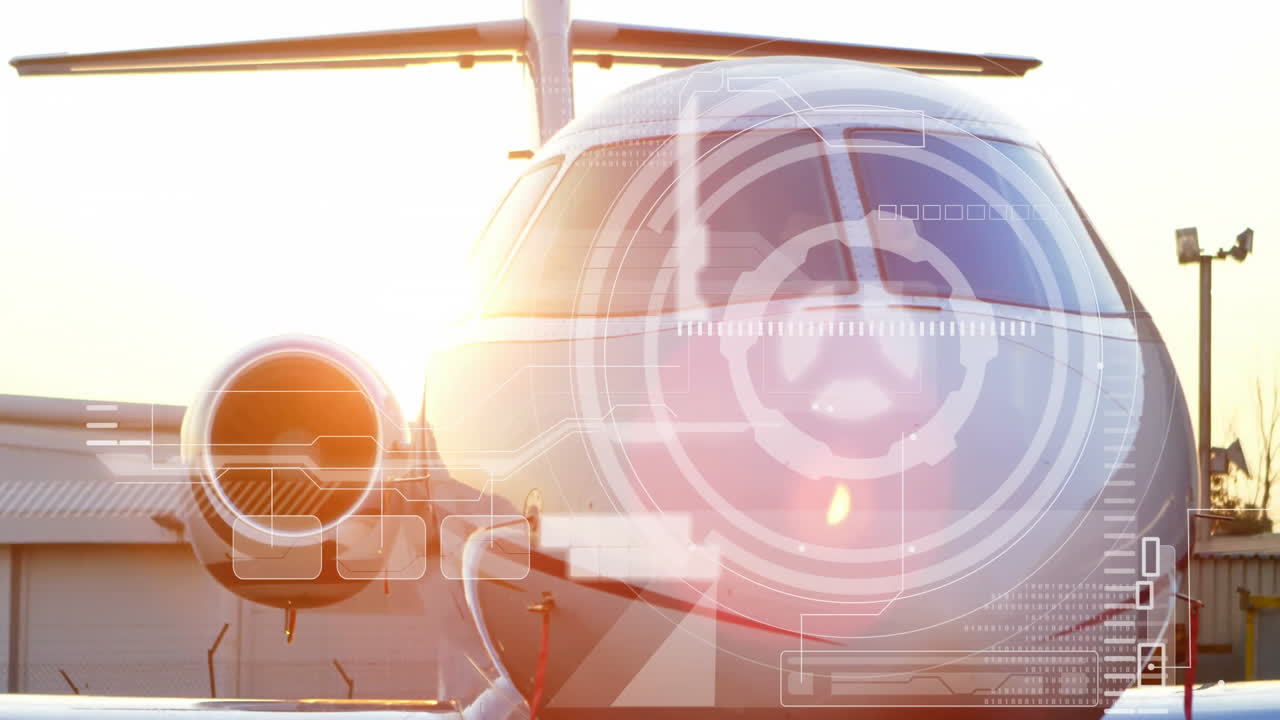 Digital interface animation overlaying private jet parked at airport runway