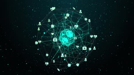 Animation-of-network-of-connections-with-icons-over-globe-on-black-background