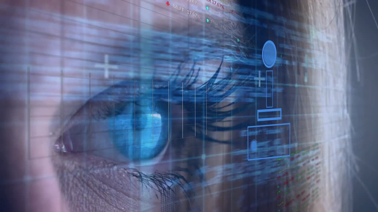Blue icon fading beside eye, eyelid lifting revealing scrolling code forming analysis interface