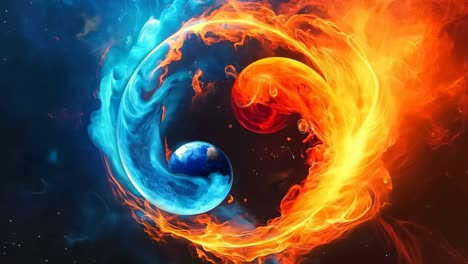 a fire and ice yin and yang symbol in the middle of a dark blue and red background