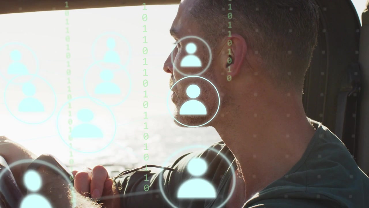 Close profile shot starting HUD overlays around man gazing ocean, visualizing user network for tech