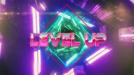 Animation-of-level-up-text-over-neon-pattern-background