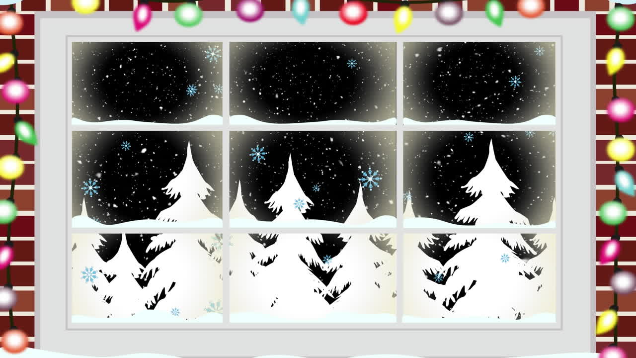 animación de nieve cayendo sobre la ventana con decoraciones de navidad