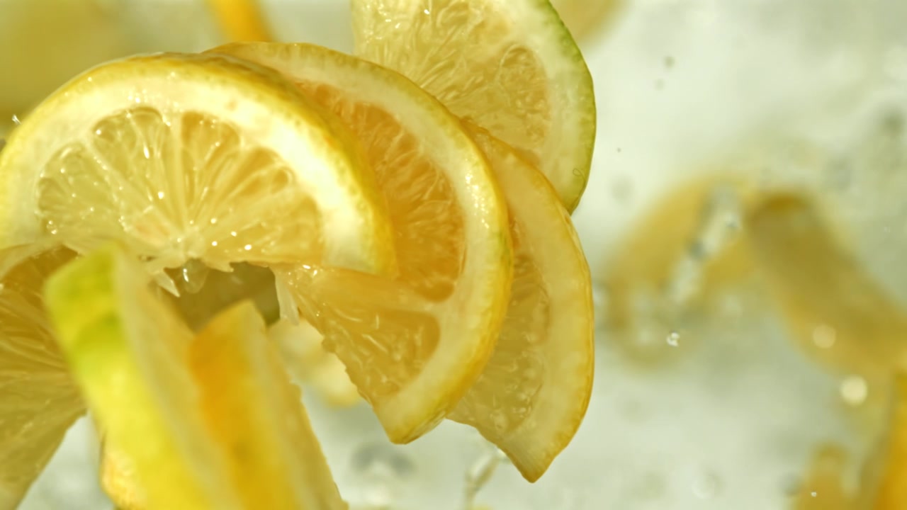 Fette di limone fresche che si tuffano in acqua limpida al rallentatore