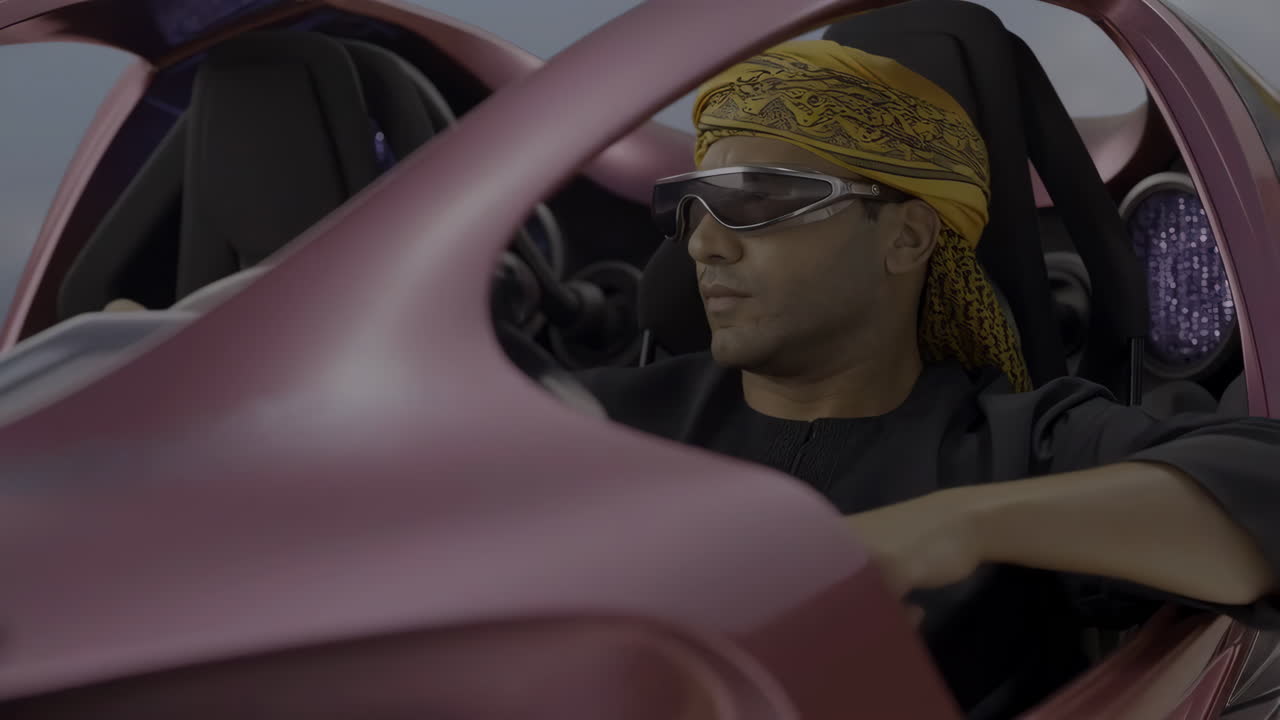 Man driving a futuristic vehicle