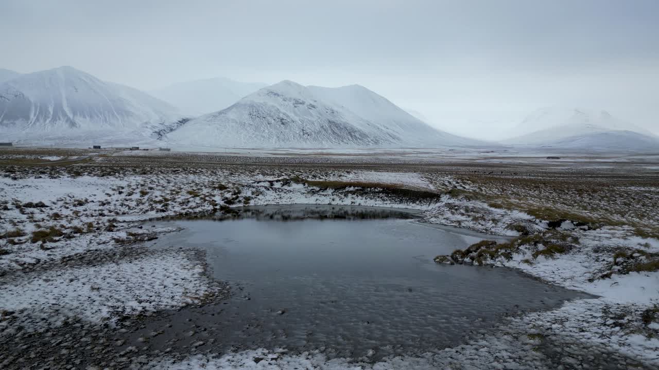 lago en el campo de islandia con un majestuoso telón de fondo de montañas cubiertas de nieve, antena