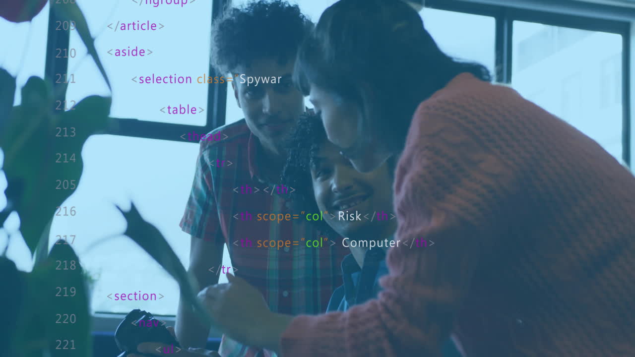 Animation of data processing over diverse colleagues talking in office
