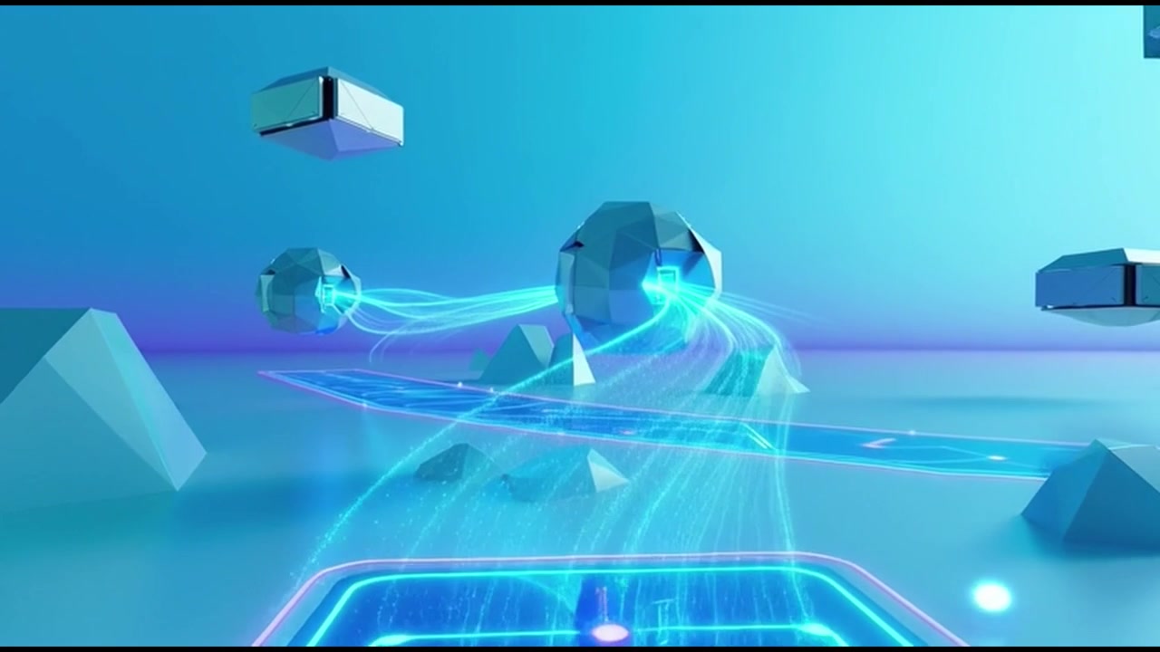Abstract Futuristic Landscape with Floating Geometric Shapes and Glowing Data Streams