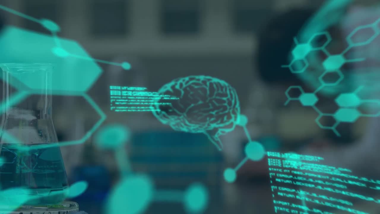 Animation of digital brain, molecules and data processing over caucasian scientist in lab