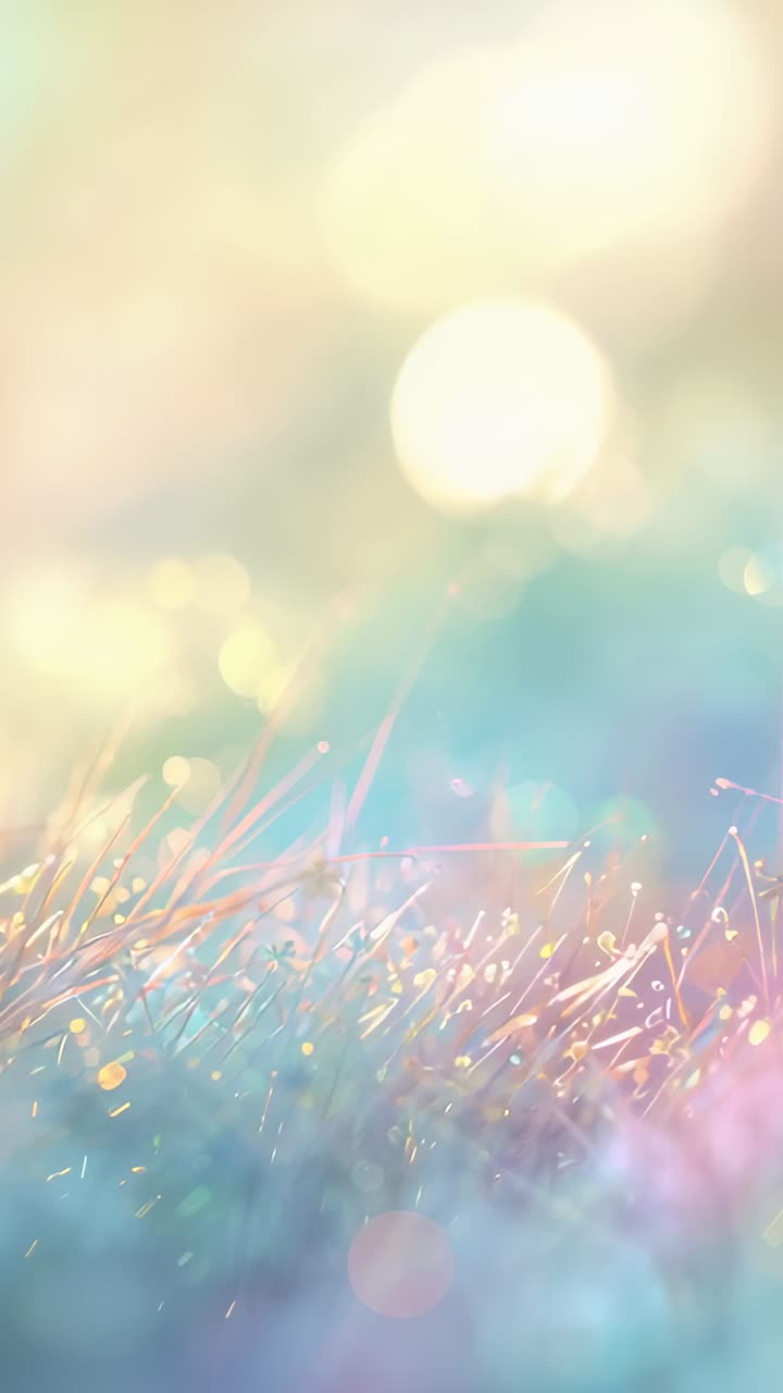 Vídeo vertical: Folhas de grama cintilantes captando a luz solar oscilante no brilho do disco solar, com orvalho e efeito bokeh.