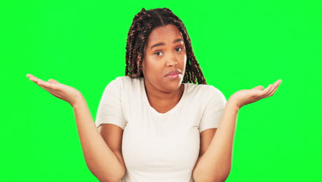encogiéndose de hombros, la duda y la cara de la mujer en verde