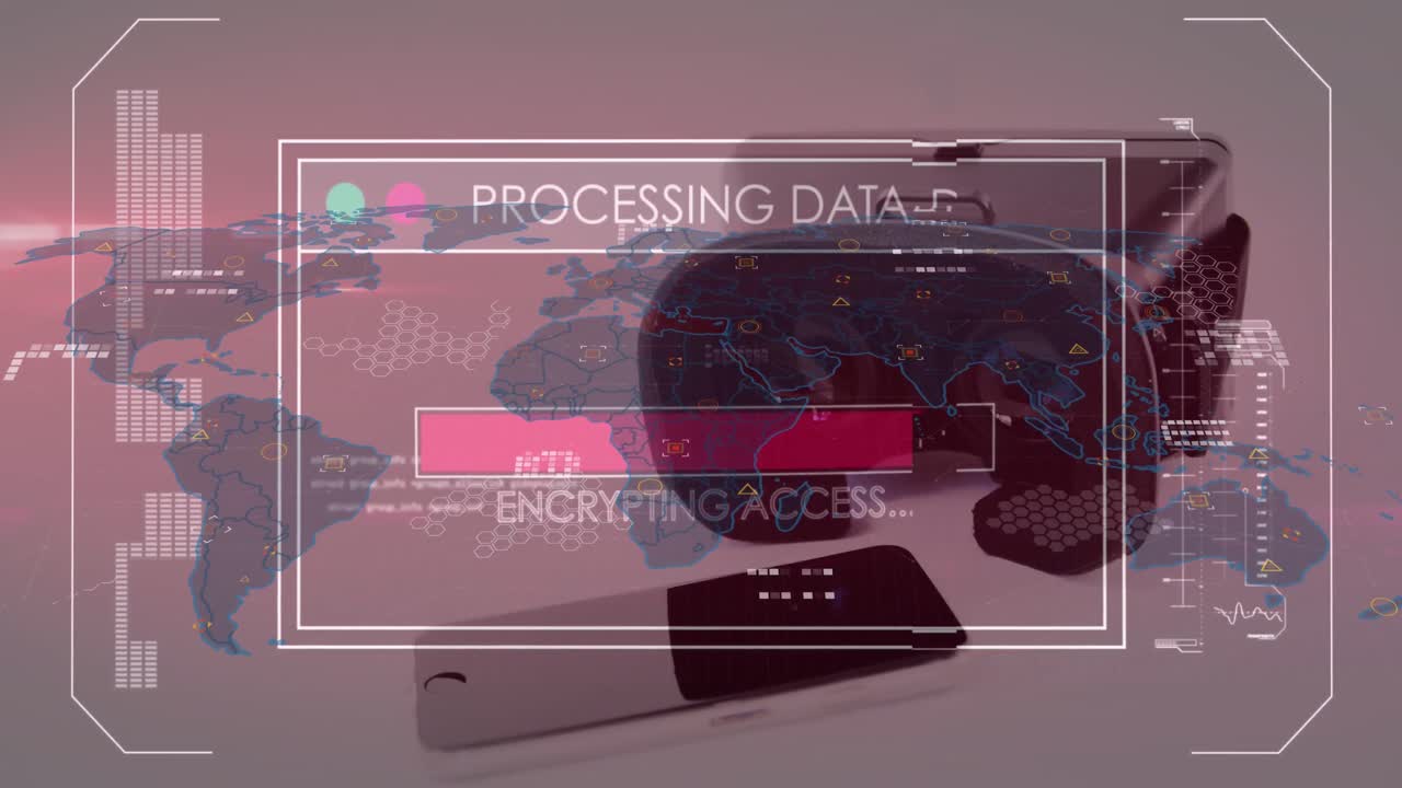 Animation of data processing and world map over vr headset